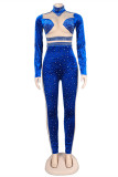 Blue Fashion Sexy Patchwork Hot Drilling Patchwork Turtleneck Skinny Jumpsuits