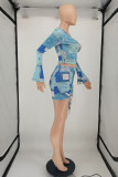 Blue Sexy Casual Print Patchwork V Neck Long Sleeve Two Pieces