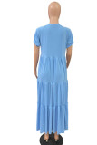 Sky Blue Casual Solid Patchwork Fold O Neck A Line Dresses