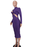Фиолетовые сексуальные однотонные выдолбленные платья с длинными рукавами и воротником-стойкой