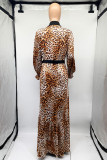 Grey Casual Print Leopard Patchwork With Belt Turndown Collar Long Sleeve Dresses