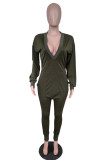 Army Green Fashion Casual Solid Patchwork Pocket V Neck Regular Jumpsuits