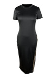 Red Casual Solid Patchwork Slit Hot Drill O Neck Short Sleeve Dress