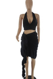 Black Sexy Solid Bandage Patchwork Backless Fold Halter Sleeveless Two Pieces