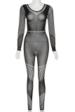 Black Sexy Solid See-through Mesh O Neck Skinny Jumpsuits