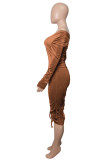 Brown Sexy Casual Solid Draw String Fold Off The épaule Robes à manches longues