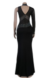 Black Sexy Plus Size Hot Drilling Patchwork See-through Turtleneck Evening Dress