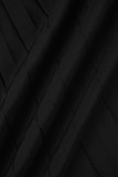 ブラック カジュアル ソリッド 小帯 プリーツ V ネック 長袖 ドレス