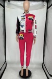 Red Casual Letter Print Patchwork Cardigan O Neck Long Sleeve Two Pieces