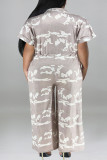 Abrikoos Casual print bandage patchwork gesp kraag grote maat jumpsuits