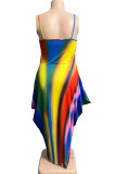 Blauwe casual straatkleurenblok patchwork zakprint lange jurk met spaghettibandjes grote maten jurken