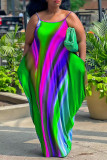 蛍光グリーンカジュアルストリートカラーブロックパッチワークポケットプリントスパゲッティストラップロングドレスプラスサイズドレス