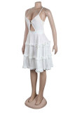 Белое сексуальное сладкое повседневное мини-платье с открытой спиной, сплошной цвет, стринги, кромка, на тонких бретелях, мини-платье