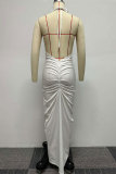 Witte sexy beroemdheden elegante eenvoud vouw effen kleur asymmetrische kraag jurken
