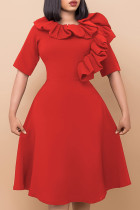 Rote, elegante, einfarbige Kleider mit Volant, Falten und Reißverschluss, O-Ausschnitt, A-Linie