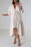 クリームホワイト カジュアル ソリッド パッチワーク シャツカラー シャツドレス ドレス