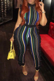 Red Sexy Striped Patchwork Contrast Zipper Stringy Selvedge O Neck Plus Size Jumpsuits