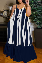 ダークブルー ホワイト セクシー カジュアル プリント バックレス スパゲッティ ストラップ ロング ドレス ドレス
