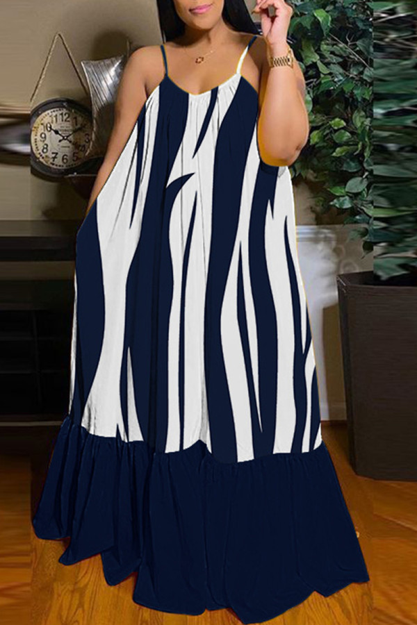 Azul escuro branco sexy casual estampado sem costas com alças finas vestidos longos