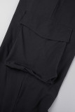 Black Casual Solid Frenulum Backless Turndown Collar Long Sleeve Two Pieces