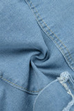 O cowboy azul casual sólido rasgado retalhos fenda cintura alta saias jeans skinny