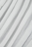 Blanco elegante sólido patchwork transparente doblar medio cuello alto envuelto falda vestidos