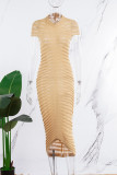 Kaki Elegant Solid Patchwork Genomskinlig Vik Half A Turtleneck inslagna kjolklänningar