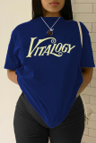 T-shirt con scollo a V patchwork con stampa giornaliera Street Blue Navy