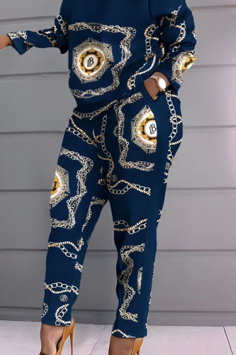 Tibetan Blue Casual Plaid Geometric Striped Patchwork Pocket Printing O Neck Long Sleeve Two Pieces Pants Set