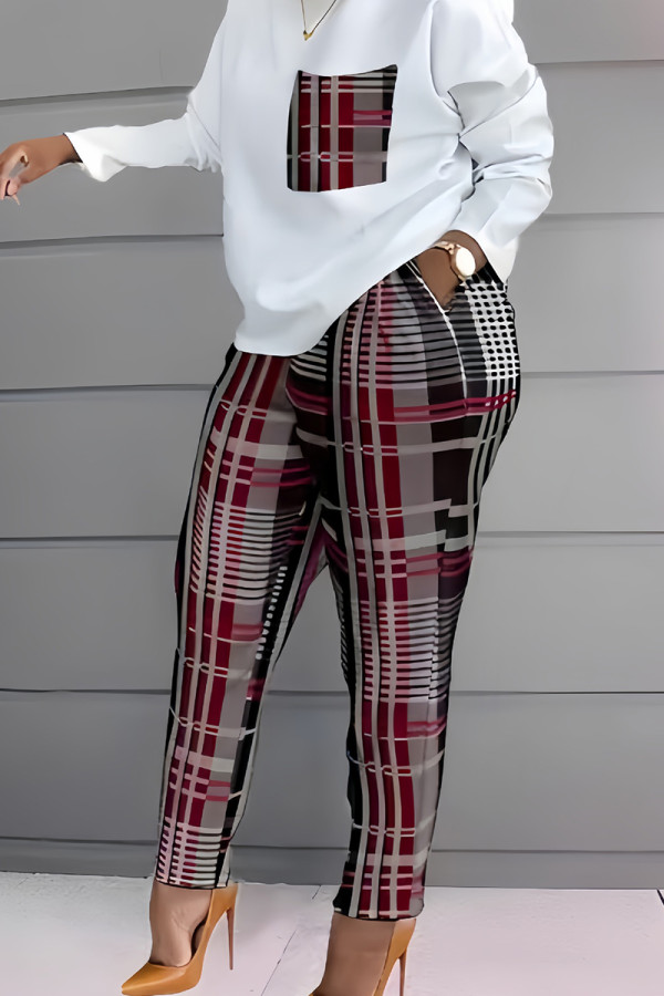 Red Casual Plaid Geometric Striped Patchwork Pocket Printing O Neck Long Sleeve Two Pieces Pants Set