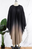 Vestido largo con cuello en O plisado con estampado de cambio gradual informal de albaricoque negro Vestidos