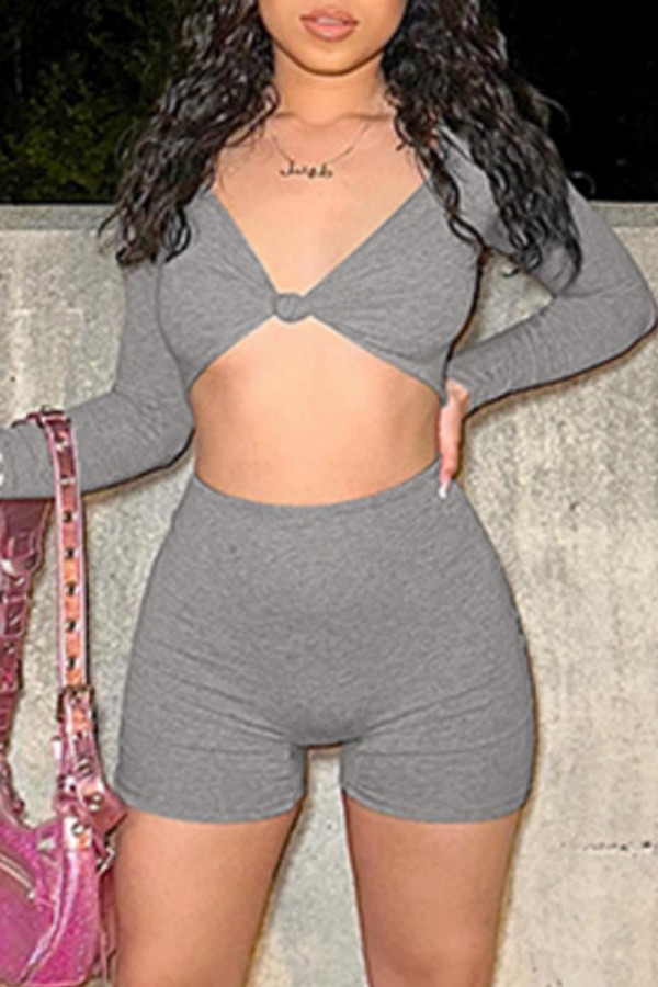 Grey Sexy Casual Solid Patchwork V Neck Long Sleeve Two Pieces Crop Tops And Shorts Set