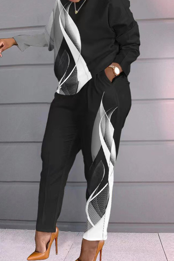 Zwart-wit casual geruit geometrisch gestreept patchwork zak afdrukken O-hals lange mouw twee stukken