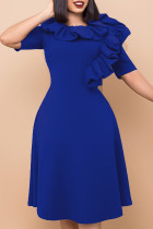 Königsblaue, elegante, einfarbige Kleider mit Volant, Falten und Reißverschluss, O-Ausschnitt, A-Linie