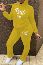 Yellow Letter Print Basic Hooded Collar Long Sleeve Two Pieces