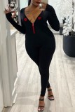 Black Casual Solid Embroidered V Neck Skinny Jumpsuits