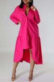 Vestido camisero con cuello camisero de retazos liso informal rojo rosa Vestidos