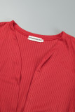 Rotes, elegantes, solides Patchwork-Basic-Zweiteiler mit U-Ausschnitt und langen Ärmeln