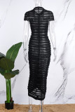 Caqui elegante sólido patchwork transparente doblar medio cuello alto envuelto falda vestidos