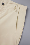 Khakifarbene, lässige, solide Patchwork-Hose mit gerader, niedriger Taille und herkömmlicher einfarbiger Hose