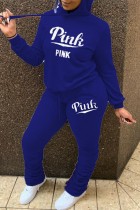 Blue Letter Print Basic Hooded Collar Long Sleeve Two Pieces