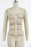 Khaki Casual Solid Patchwork Backless Zipper Strapless Tops