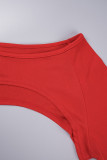 Красный сексуальный однотонный пэчворк с открытой спиной и U-образным вырезом с длинным рукавом из трех частей