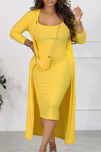 Yellow Elegant Solid Patchwork Basic U Neck Long Sleeve Two Pieces