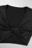 Black Casual Solid Asymmetrical V Neck Long Sleeve Two Pieces