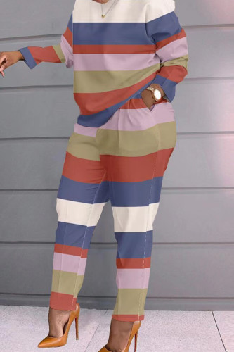 Red Blue Casual Plaid Geometric Striped Patchwork Pocket Printing O Neck Long Sleeve Two Pieces Pants Set