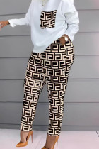 Brown Casual Plaid Geometric Striped Patchwork Pocket Printing O Neck Long Sleeve Two Pieces Pants Set