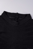 Negro elegante sólido patchwork transparente doblar medio cuello alto envuelto falda vestidos