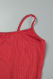 Rotes, elegantes, solides Patchwork-Basic-Zweiteiler mit U-Ausschnitt und langen Ärmeln