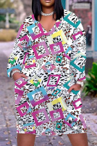 Vestido roxo casual estampado patchwork com decote em V manga comprida manga curta
